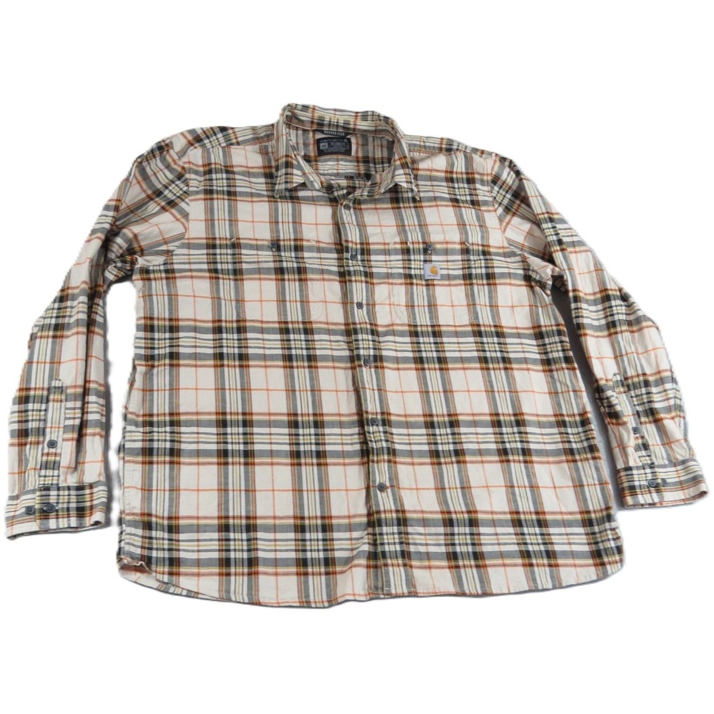 Carhartt Rugged Flex Shirt Men 2XL Beige Orange Plaid Long Sleeve Workwear Twill